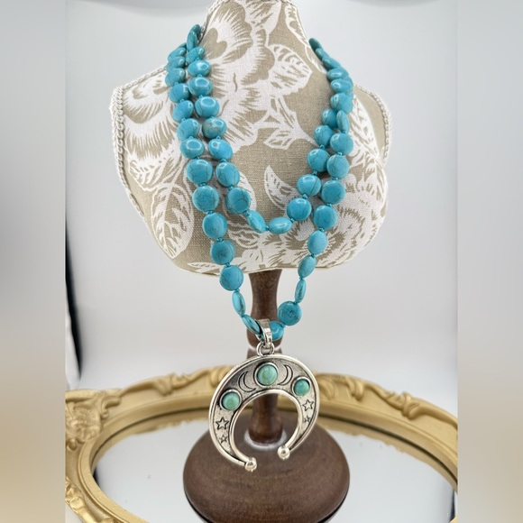 Turquoise Crescent Pendant Necklace – Boho Western Style (33.5 Inches) - Picture 7 of 10